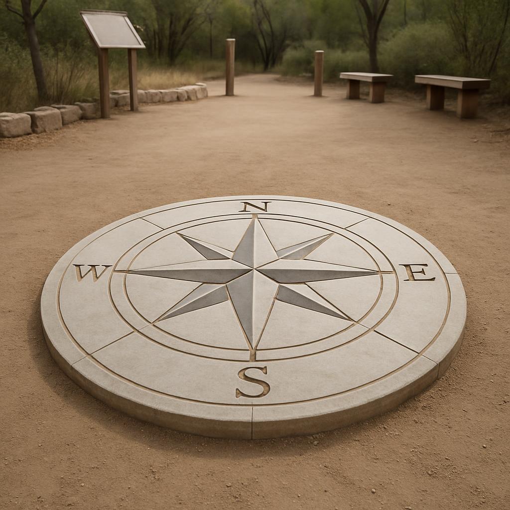 A stone compass with cardinal directions marked, set in the dirt at a park.